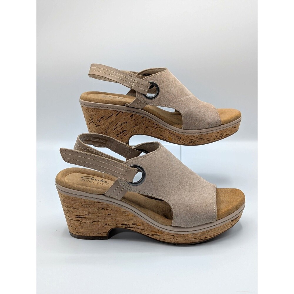 Clarks Giselle Sea Sandals Women 7.5 Tan Suede Cork Ankle Adjustable Strap Wedge